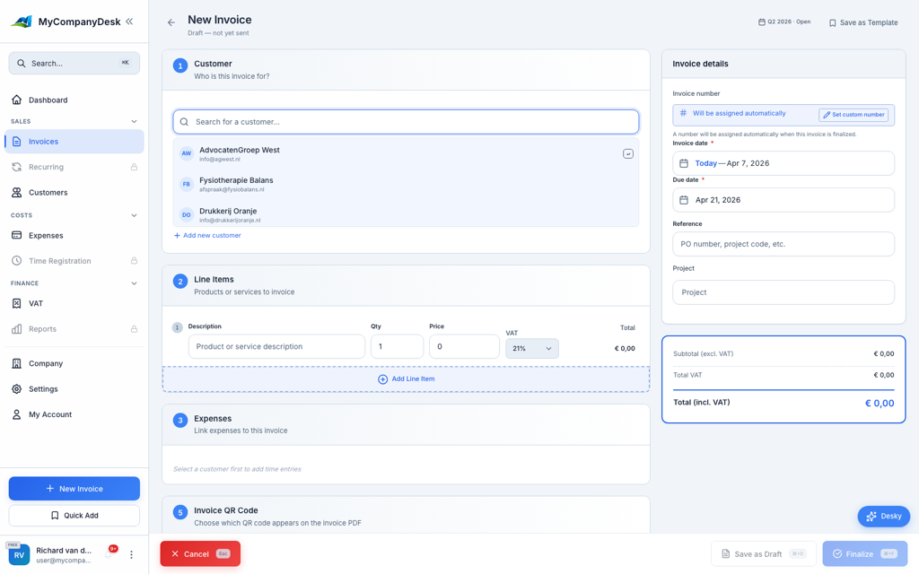 Invoice creation interface showing professional invoice template