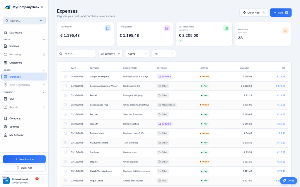 Expense tracking interface with categorized entries