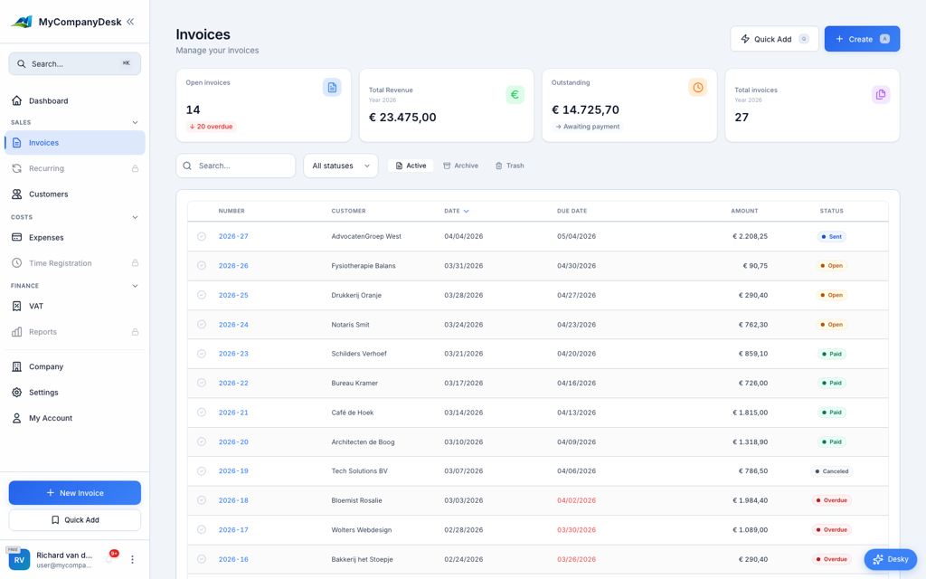 Send invoice panel with delivery options